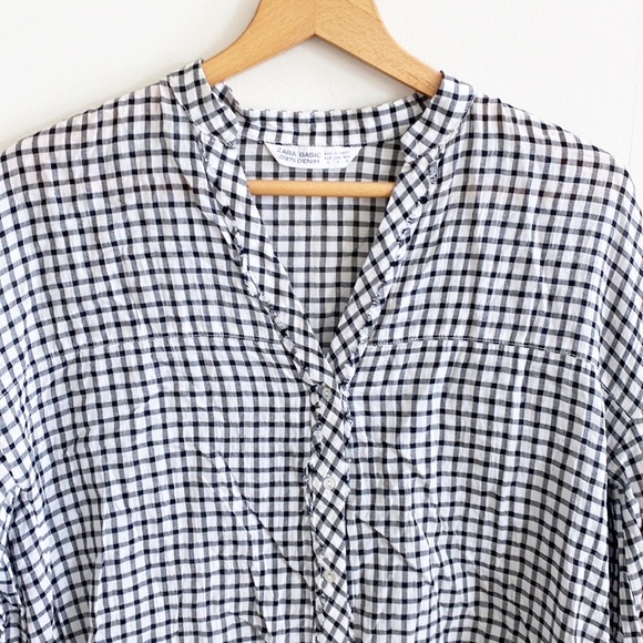 Zara black and white checkered gingham print button down top - Picture 2 of 5